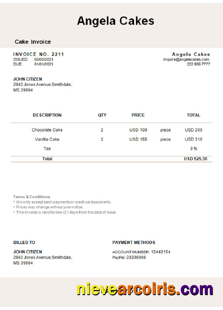 USA Angela Cakes invoice